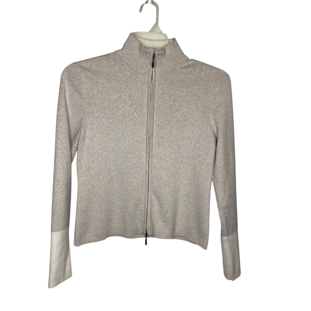 Forte Cashmere Womens Gray Cotton Nylon Two-Way Zip Mock Neck Sweater Small